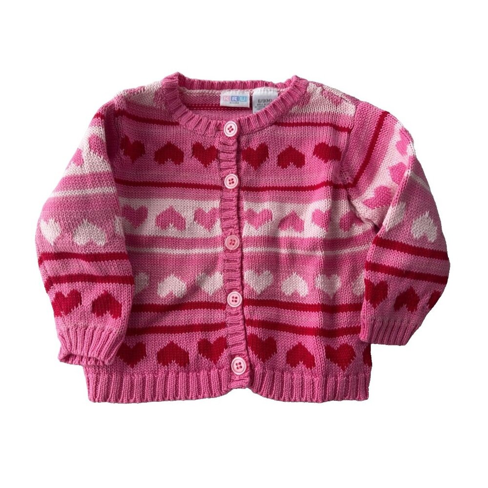 VTG Baby 6-9 Month Pink Red Heart Long Sleeve Cardigan Valentine